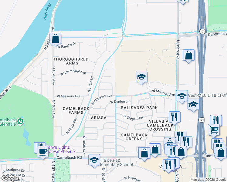 map of restaurants, bars, coffee shops, grocery stores, and more near 5511 North 103rd Drive in Glendale