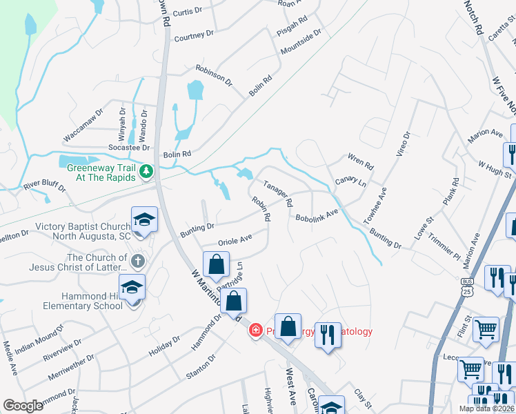 map of restaurants, bars, coffee shops, grocery stores, and more near 1842 Bunting Drive in North Augusta