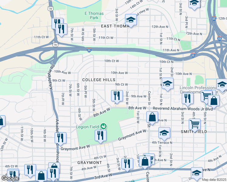 map of restaurants, bars, coffee shops, grocery stores, and more near 918 3rd St W in Birmingham