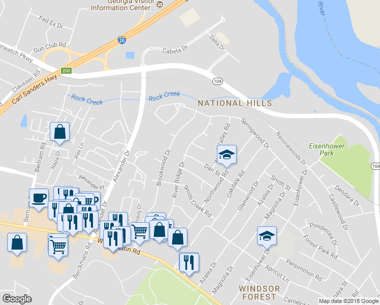 map of restaurants, bars, coffee shops, grocery stores, and more near 1202 River Ridge Drive in Augusta