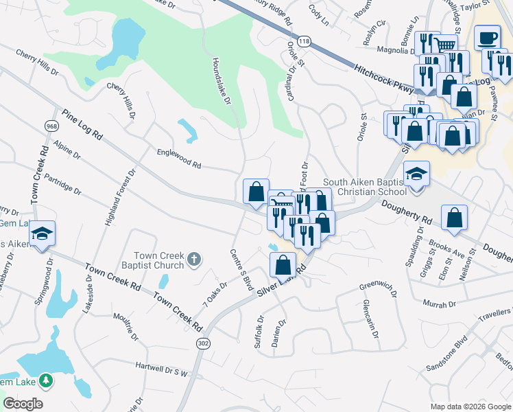 map of restaurants, bars, coffee shops, grocery stores, and more near 1348 Pine Log Road in Aiken
