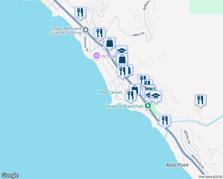 map of restaurants, bars, coffee shops, grocery stores, and more near 88 Blue Lagoon in Laguna Beach