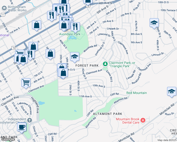 map of restaurants, bars, coffee shops, grocery stores, and more near 4216 Clairmont Avenue in Birmingham