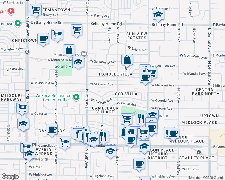 map of restaurants, bars, coffee shops, grocery stores, and more near 1114 West Vermont Avenue in Phoenix