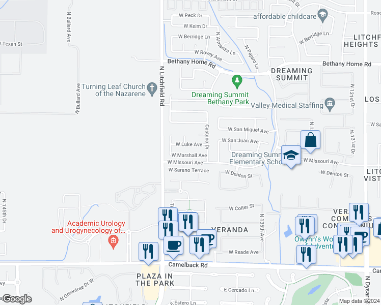 map of restaurants, bars, coffee shops, grocery stores, and more near 13730 West Marshall Avenue in Litchfield Park
