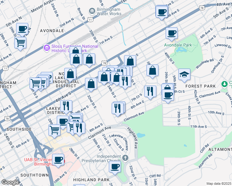 map of restaurants, bars, coffee shops, grocery stores, and more near 609 34th Street South in Birmingham