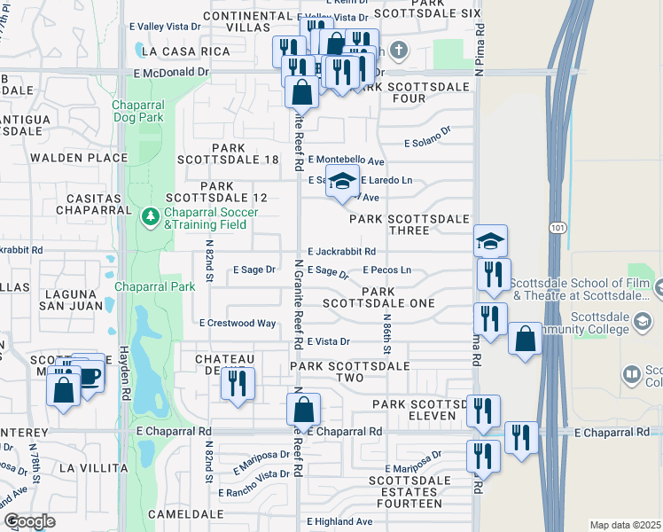 map of restaurants, bars, coffee shops, grocery stores, and more near 8438 East Sage Drive in Scottsdale