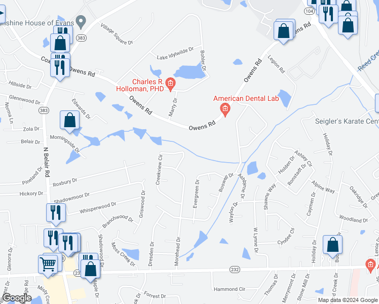 map of restaurants, bars, coffee shops, grocery stores, and more near 219 Creek View Circle in Martinez