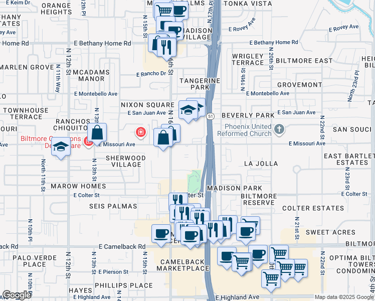 map of restaurants, bars, coffee shops, grocery stores, and more near 1637 East Missouri Avenue in Phoenix