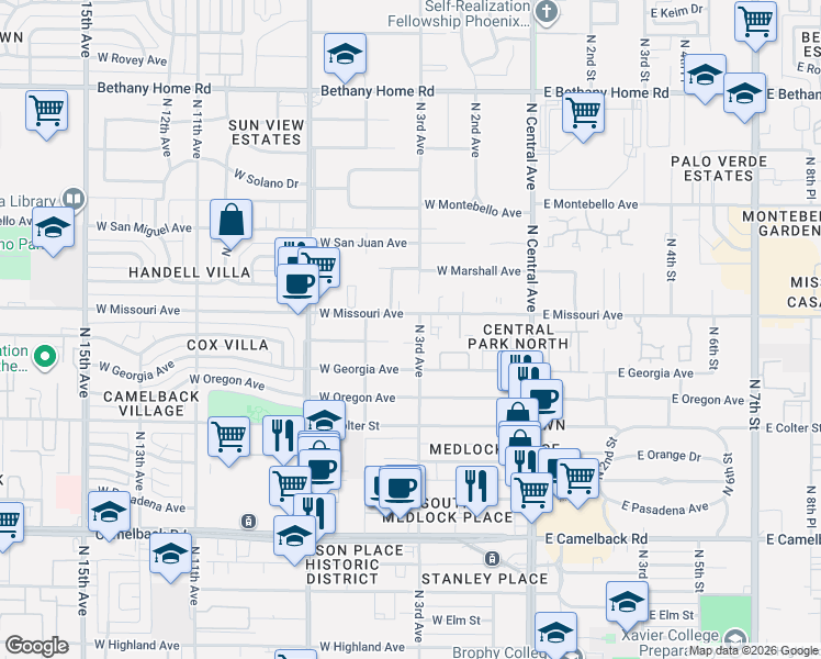 map of restaurants, bars, coffee shops, grocery stores, and more near 5334 North 3rd Avenue in Phoenix