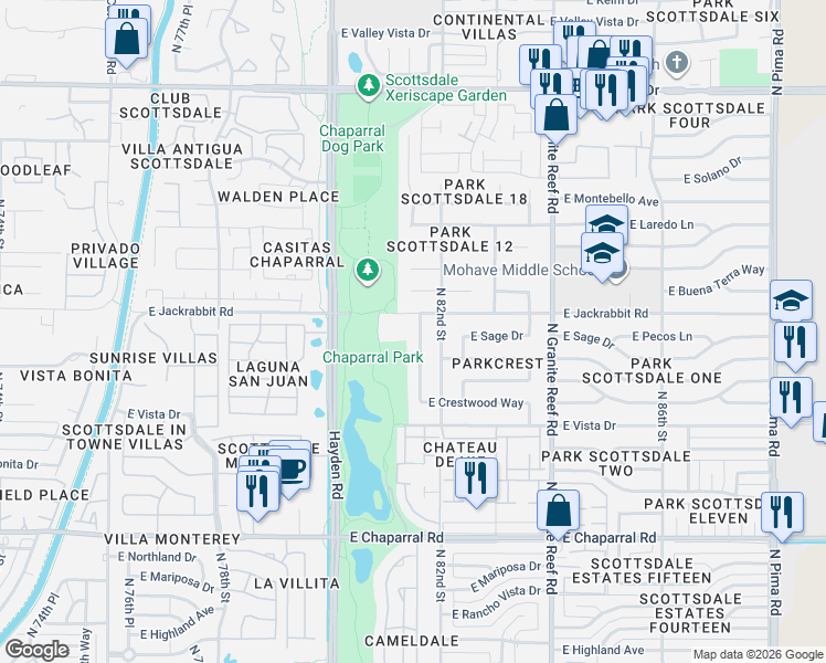map of restaurants, bars, coffee shops, grocery stores, and more near 5426 North 81st Place in Scottsdale