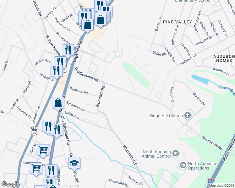 map of restaurants, bars, coffee shops, grocery stores, and more near 308 Bradleyville Road in North Augusta