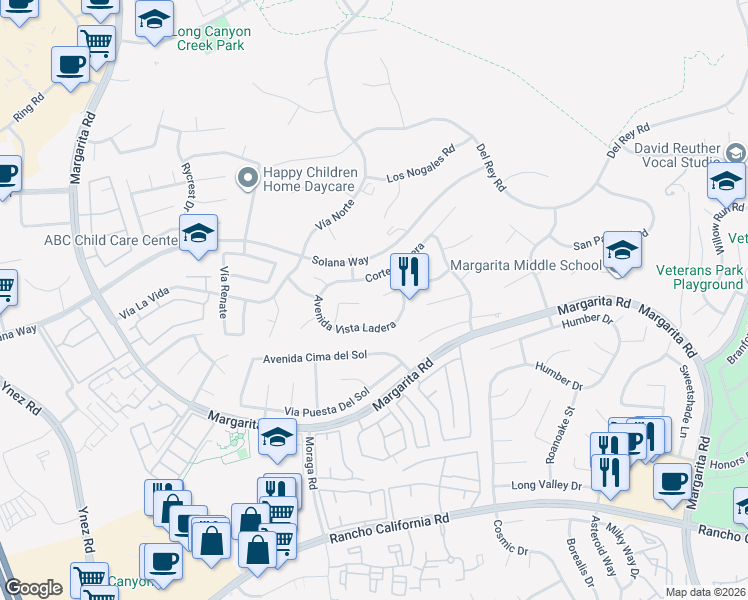 map of restaurants, bars, coffee shops, grocery stores, and more near 29880 Corte Tolano in Temecula