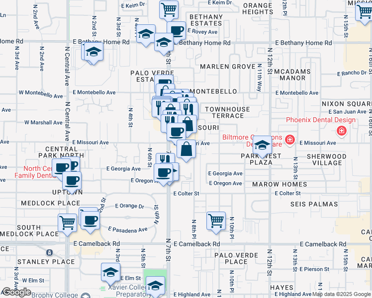 map of restaurants, bars, coffee shops, grocery stores, and more near 777 East Missouri Avenue in Phoenix