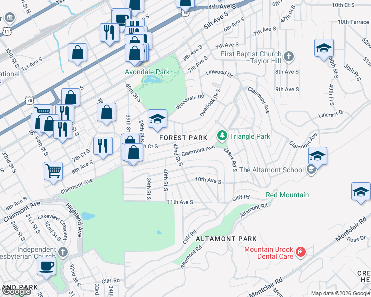 map of restaurants, bars, coffee shops, grocery stores, and more near 4216 Clairmont Avenue in Birmingham