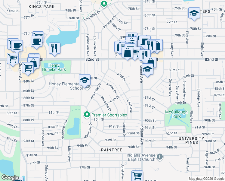 map of restaurants, bars, coffee shops, grocery stores, and more near 8516 Jordan Drive in Lubbock