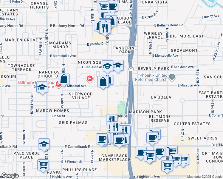 map of restaurants, bars, coffee shops, grocery stores, and more near 5353 North 16th Street in Phoenix