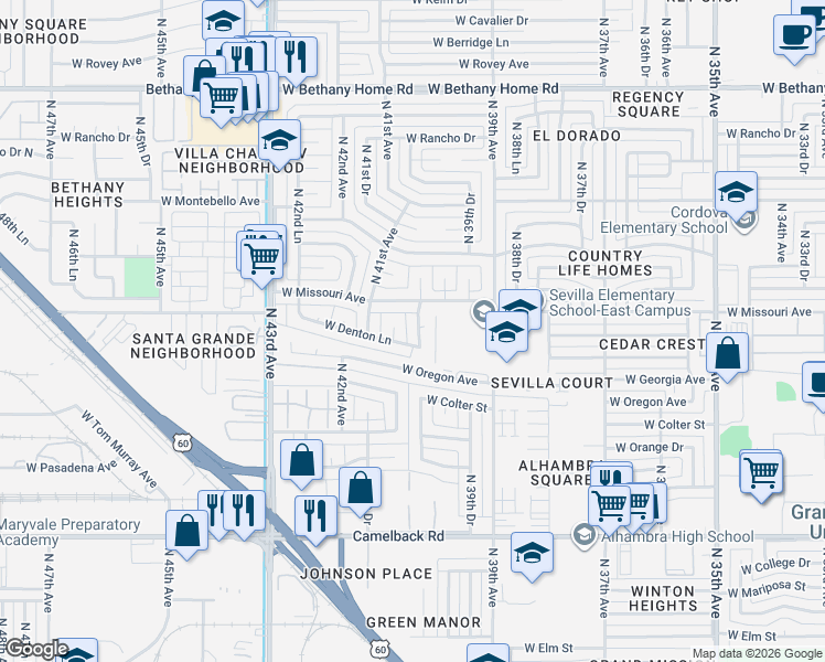 map of restaurants, bars, coffee shops, grocery stores, and more near 5336 North 40th Drive in Phoenix