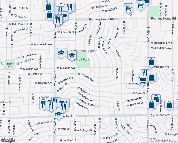 map of restaurants, bars, coffee shops, grocery stores, and more near 5422 North 64th Avenue in Glendale