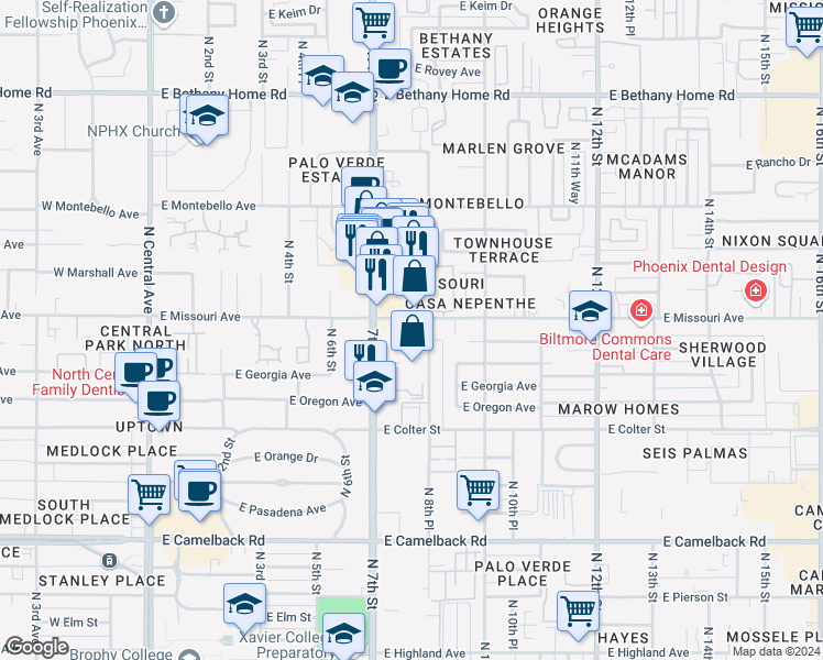 map of restaurants, bars, coffee shops, grocery stores, and more near 777 East Missouri Avenue in Phoenix