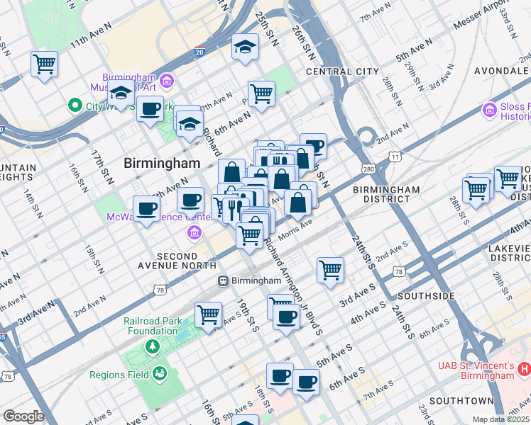 map of restaurants, bars, coffee shops, grocery stores, and more near 2126 1st Avenue North in Birmingham