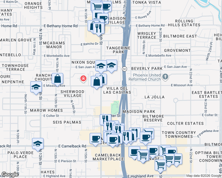 map of restaurants, bars, coffee shops, grocery stores, and more near 5338 North Las Casitas Place in Phoenix