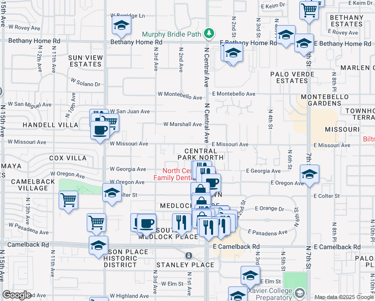 map of restaurants, bars, coffee shops, grocery stores, and more near 33 West Missouri Avenue in Phoenix