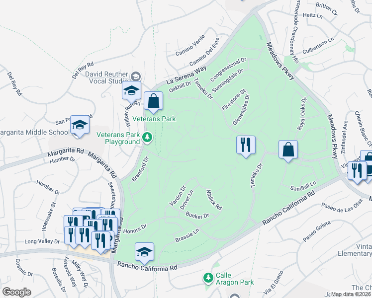 map of restaurants, bars, coffee shops, grocery stores, and more near 149 Lily Lane in Temecula