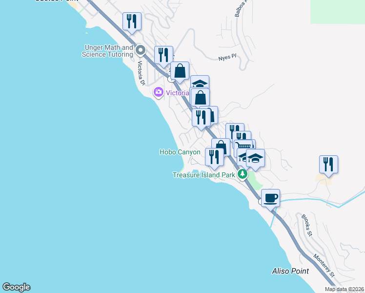map of restaurants, bars, coffee shops, grocery stores, and more near 88 Blue Lagoon in Laguna Beach