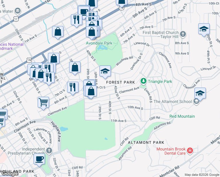 map of restaurants, bars, coffee shops, grocery stores, and more near 4011 8th Court South in Birmingham