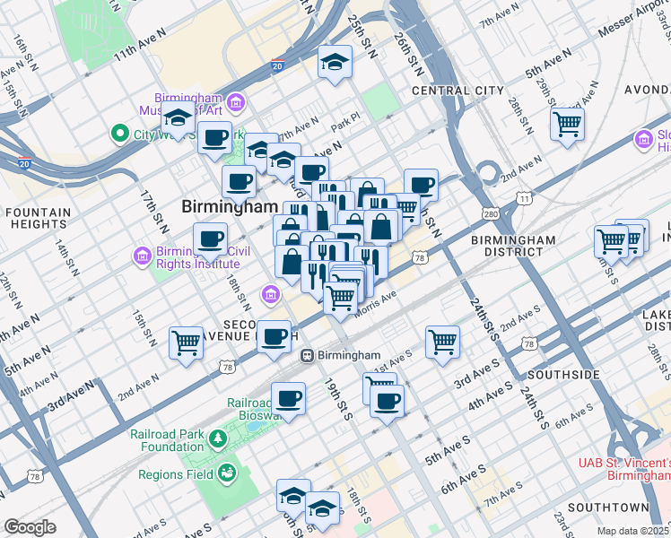 map of restaurants, bars, coffee shops, grocery stores, and more near 2030 2nd Avenue North in Birmingham