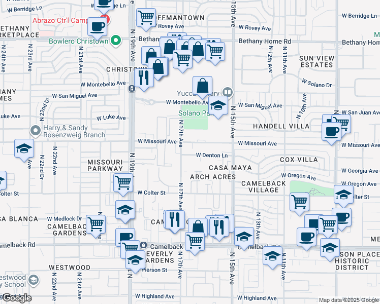 map of restaurants, bars, coffee shops, grocery stores, and more near 1633 West Missouri Avenue in Phoenix