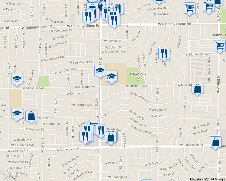 map of restaurants, bars, coffee shops, grocery stores, and more near 5409 N 65th Ln in Glendale