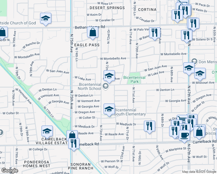 map of restaurants, bars, coffee shops, grocery stores, and more near 7237 West Missouri Avenue in Glendale