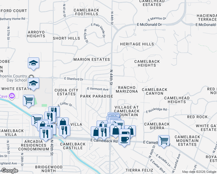 map of restaurants, bars, coffee shops, grocery stores, and more near 4350 East Vermont Avenue in Phoenix
