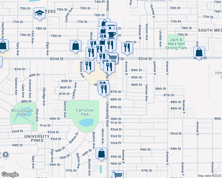 map of restaurants, bars, coffee shops, grocery stores, and more near 8609 University Avenue in Lubbock