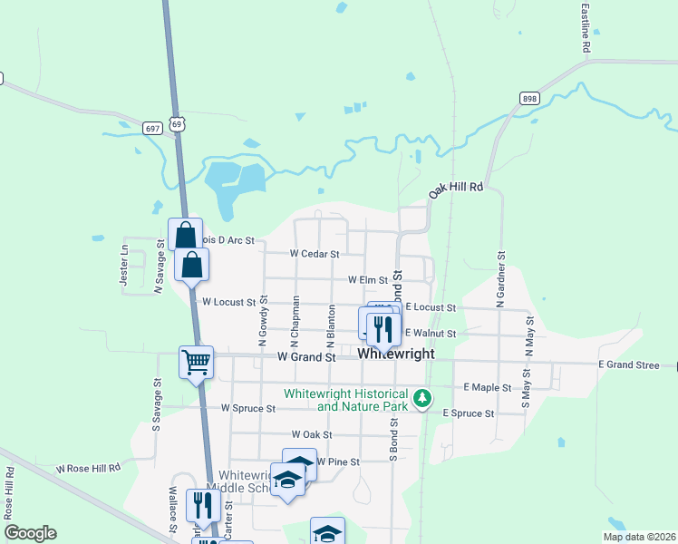 map of restaurants, bars, coffee shops, grocery stores, and more near 208 West Elm Street in Whitewright