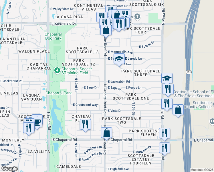 map of restaurants, bars, coffee shops, grocery stores, and more near 8402 East Sage Drive in Scottsdale