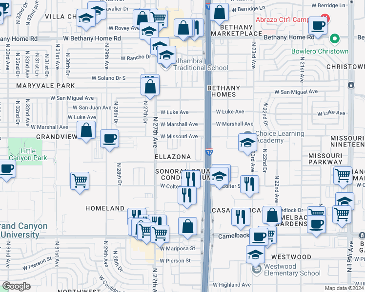 map of restaurants, bars, coffee shops, grocery stores, and more near 2557 West Missouri Avenue in Phoenix