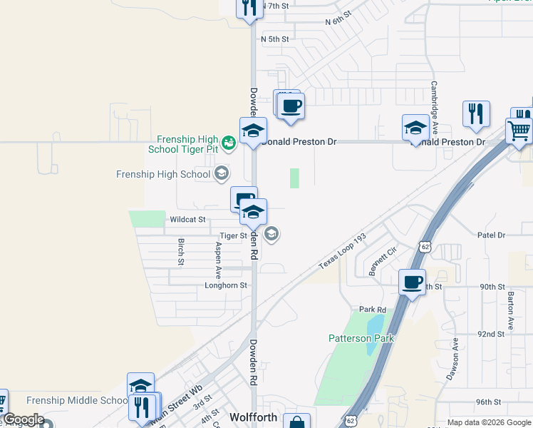 map of restaurants, bars, coffee shops, grocery stores, and more near 502 North Dowden Road in Wolfforth
