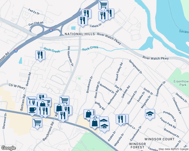 map of restaurants, bars, coffee shops, grocery stores, and more near 1118 Brookwood Drive in Augusta