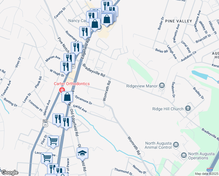 map of restaurants, bars, coffee shops, grocery stores, and more near 1807 Womrath Road in North Augusta