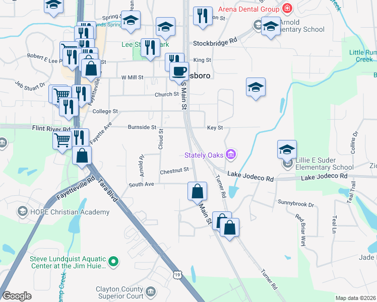map of restaurants, bars, coffee shops, grocery stores, and more near 182 South Main Street in Jonesboro