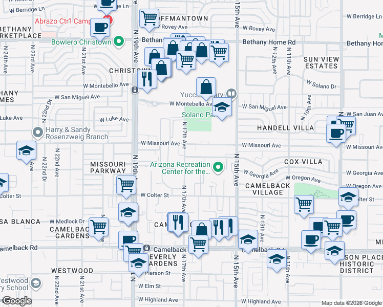 map of restaurants, bars, coffee shops, grocery stores, and more near 1662 West Denton Lane in Phoenix