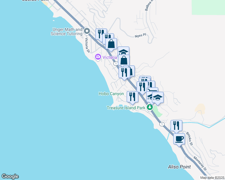 map of restaurants, bars, coffee shops, grocery stores, and more near 91 Blue Lagoon in Laguna Beach