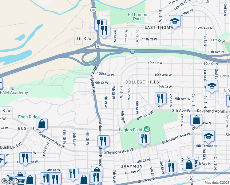 map of restaurants, bars, coffee shops, grocery stores, and more near 901 7th Street West in Birmingham