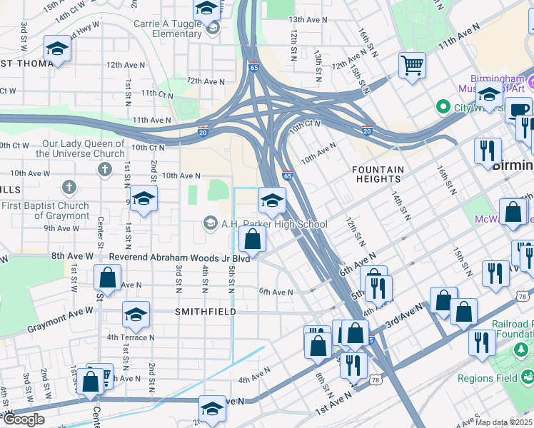 map of restaurants, bars, coffee shops, grocery stores, and more near 900 9th Ave N in Birmingham