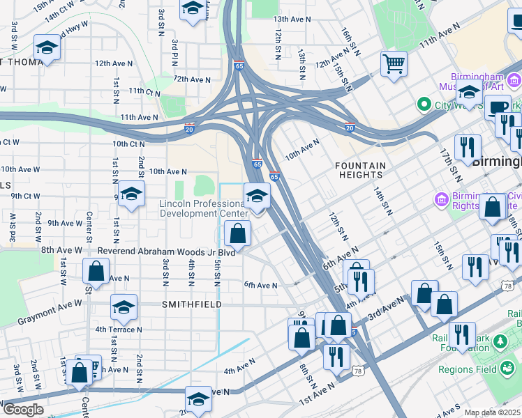 map of restaurants, bars, coffee shops, grocery stores, and more near 901 9th Avenue North in Birmingham