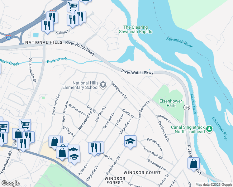 map of restaurants, bars, coffee shops, grocery stores, and more near 1222 Oakdale Road in Augusta