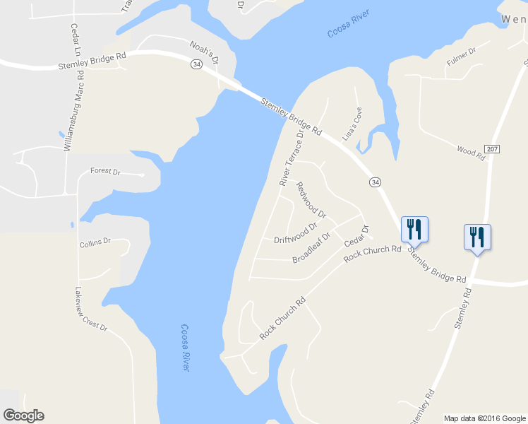 map of restaurants, bars, coffee shops, grocery stores, and more near 344 River Terrace Drive in Talladega